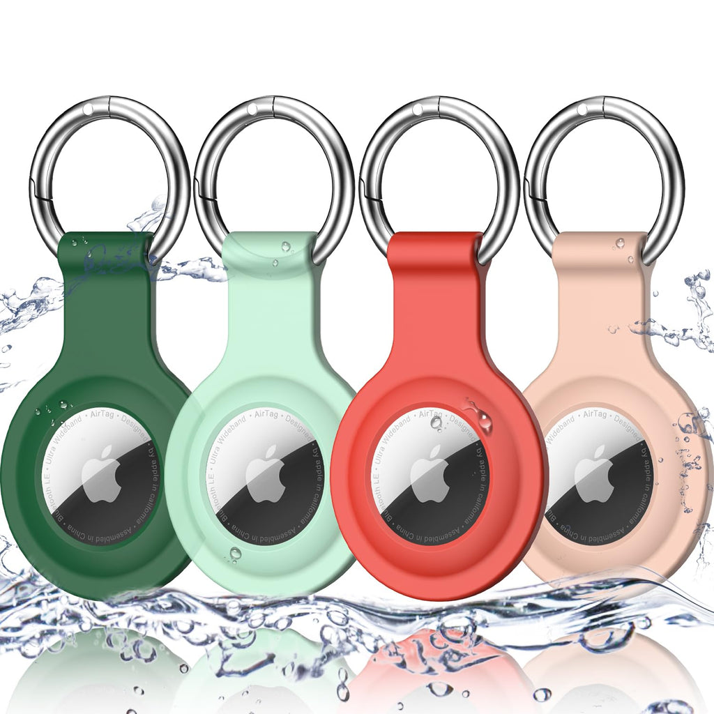  [AUSTRALIA] - R-fun Airtag Holder with Keychain, [4 Pack] Waterproof Silicone AirTag case Cover with Key Rings for Wallet, Dog Collar, Luggage, and Keys.-Green/Night Glow/Red/Sand Pink Green/Night Glow/Red/Sand Pink