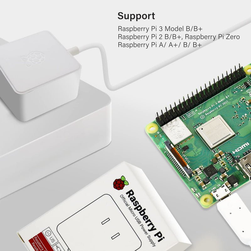  [AUSTRALIA] - Official Raspberry Pi 3 B+/Pi 3 /Pi Zero W /Pi Zero/Pi 1 /Pi 2 Power Supply/Adapter, Support All Micro USB Boards, 5V 2.5A US Plug, White