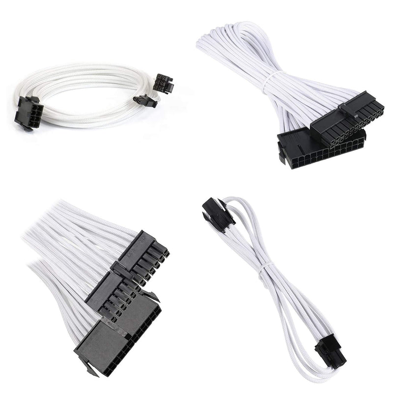 KOTTO Braided ATX Sleeved Cable Extension Kit for Power Supply Cable Kit, PSU Connectors, 24 Pin, 8 Pin, 6 Pin 4 + 4 Pin, 6 Pack, with Cable Comb 24 Pieces Set 24-Pin, 8-Pin, 6-Pin (White) White - LeoForward Australia