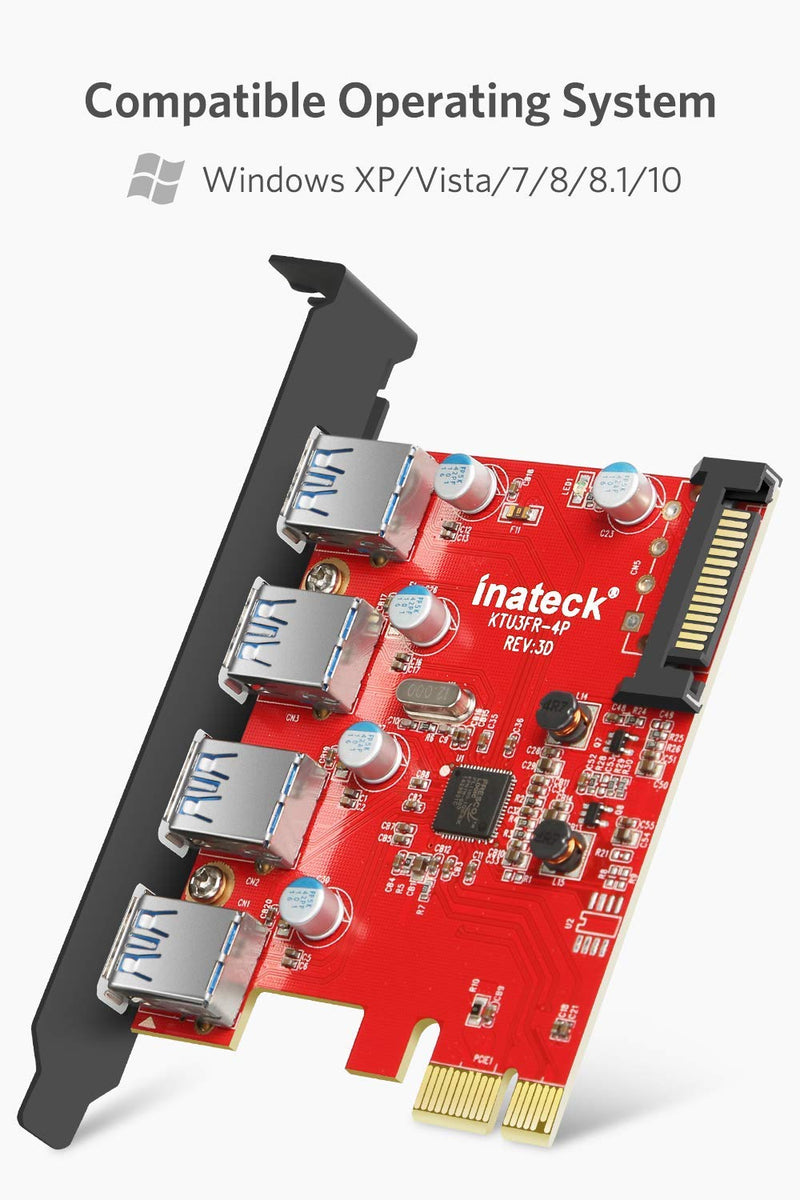  [AUSTRALIA] - Inateck PCI-e to USB 3.0 (4 Ports) PCI Express Card and 15-Pin Power Connector, Red (KT4001)