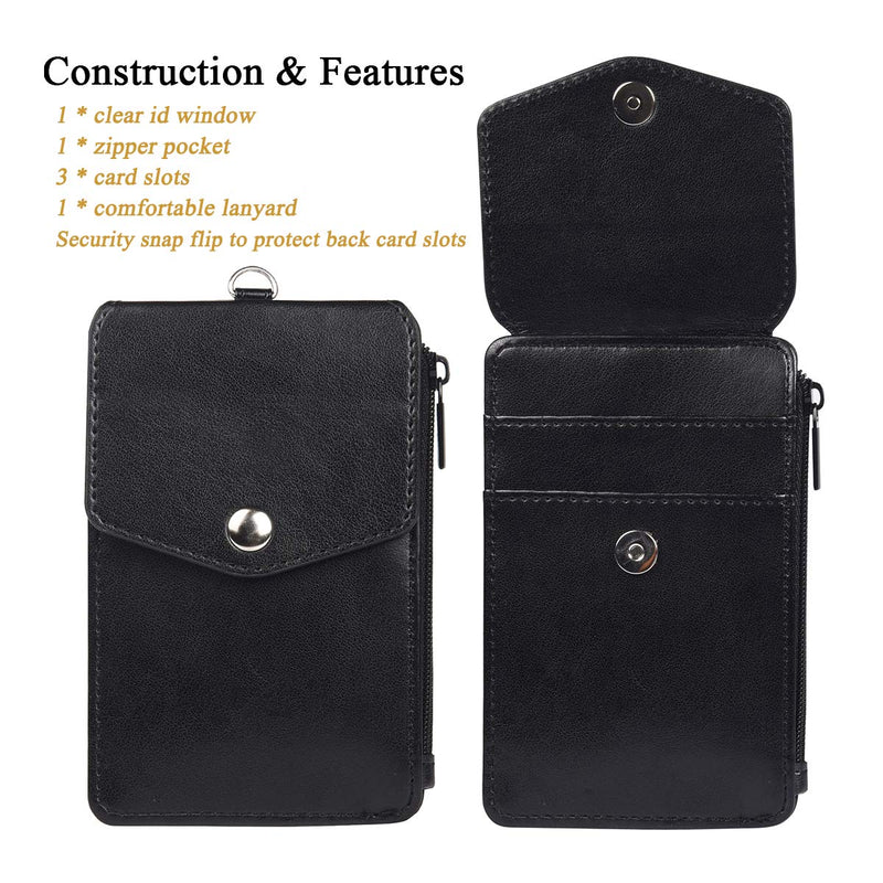  [AUSTRALIA] - Teskyer Leather Badge Holder with Zipper Pocket,1 Clear ID Window and 3 Card Slots with Secure Cover, Premium Leather ID Holder with Nylon Lanyard for Office School ID, Credit Cards, Driver Licence Black
