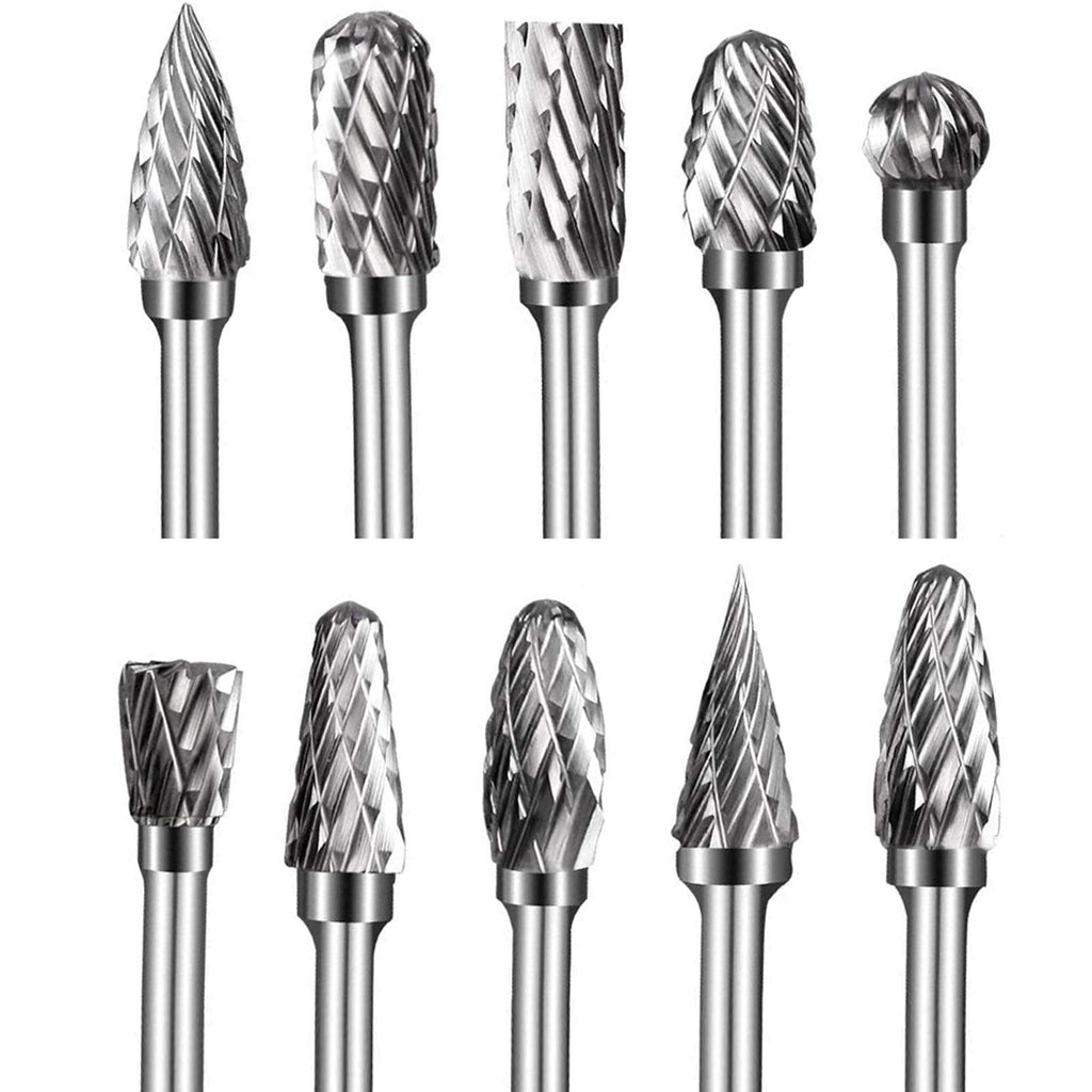  [AUSTRALIA] - Double Cut Carbide Burrs, 10pcs Tungsten Carbide Rotary Burr Set with 3mm Shank 6mm Grinding Head for Wood & Stone Carving, Steel Metalworking
