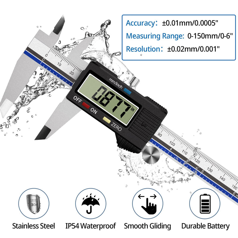  [AUSTRALIA] - Vernier caliper digital caliper, RISEMART waterproof electronic caliper stainless steel with large LCD display with spare battery measuring tools for household and industry measuring gauge SteelDE