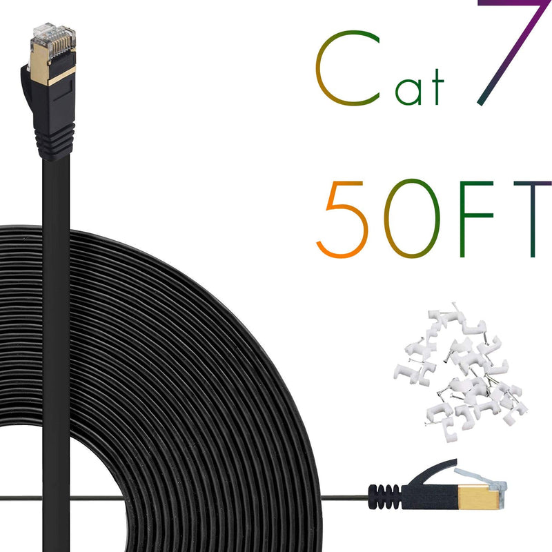  [AUSTRALIA] - Cat7 Ethernet Cable 50ft Flat High Speed Shielded (STP) Solid Computer Network Cord with Snagless Rj45 Connectors Slim Durable Internet LAN Wire for Modem,Router.Faster Than Cat5e/Cat5/cat6（Black） … 50ft / Black