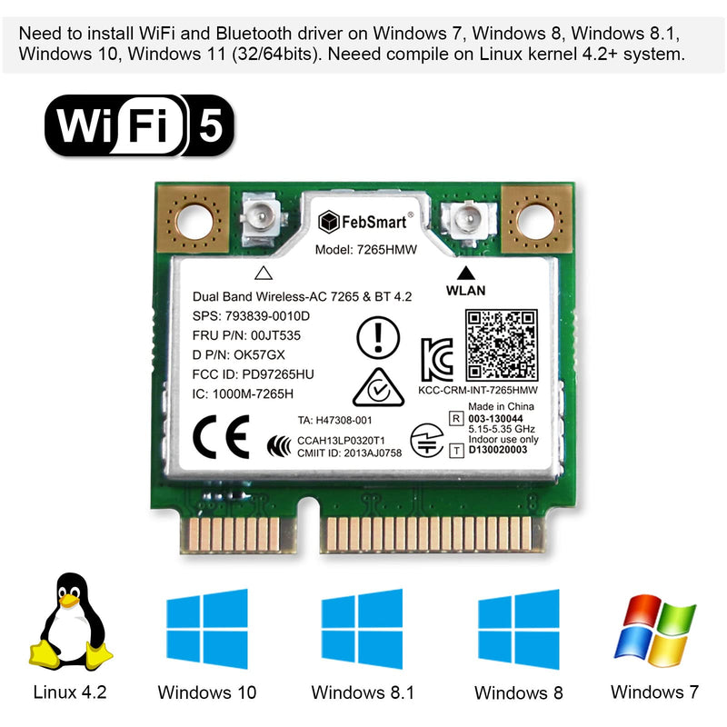  [AUSTRALIA] - FebSmart Mini PCIE WiFi Bluetooth Adapter, Wireless AC 1200Mbps (2.4GHz 300Mbps or 5G 867Mbps) with Bluetooth 4.2, for Windows 7, 8.1, 10, 11(32/64bit) & Linux 4.2+, Wireless-AC 7265HMW