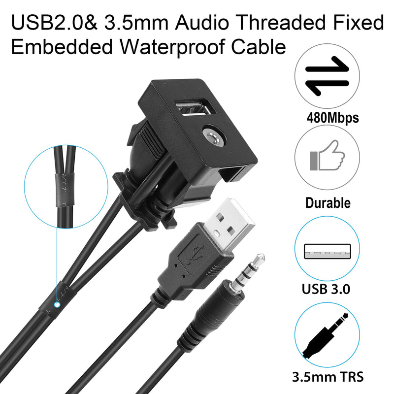  [AUSTRALIA] - YACSEJAO Flush Mount Cable USB 2.0+3.5 mm AUX Extension Dash Panel Mount Cable for Car, Boat and Motorcycle, 1M/3.3Ft