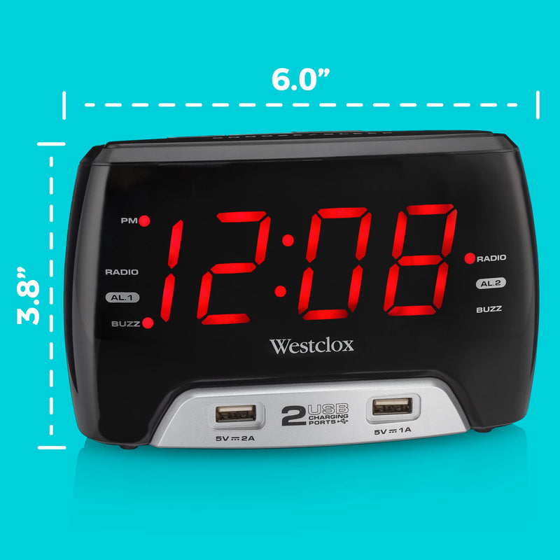  [AUSTRALIA] - Westclox Basic Large 1.4” red LED Digital FM Clock Radio 2 USB Charging Port with Fast Charge for Bedroom, Home or Office – Model# 80227WM