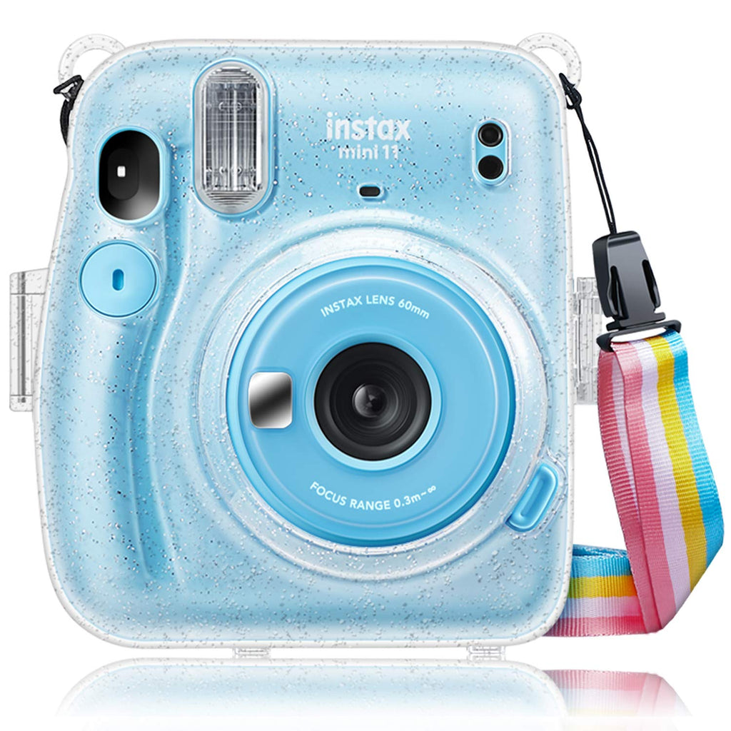  [AUSTRALIA] - Fintie Protective Clear Case for Fujifilm Instax Mini 11 Instant Film Camera - Crystal Hard Shell Cover with Removable Rainbow Shoulder Strap, Glittering Transparent