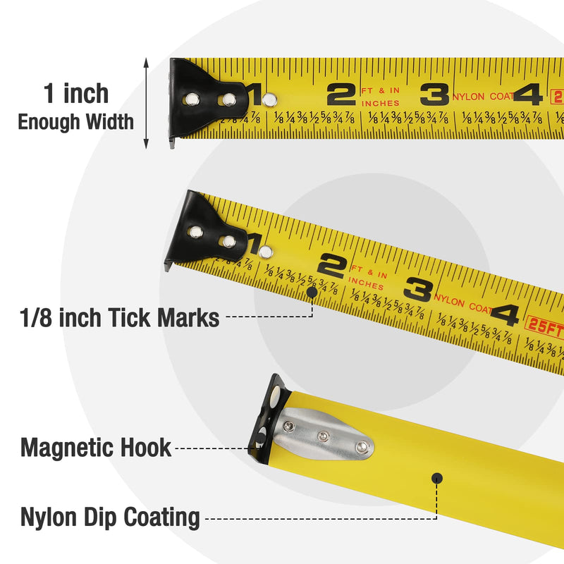  [AUSTRALIA] - WORKPRO 25FT Tape Measure, 1/8 Fractions Easy Read Measuring Tape, Retractable Nylon Coating Measurement Tape Accuracy 1/32, Magnetic Hook, Belt Clip, Rubber Protective Casing