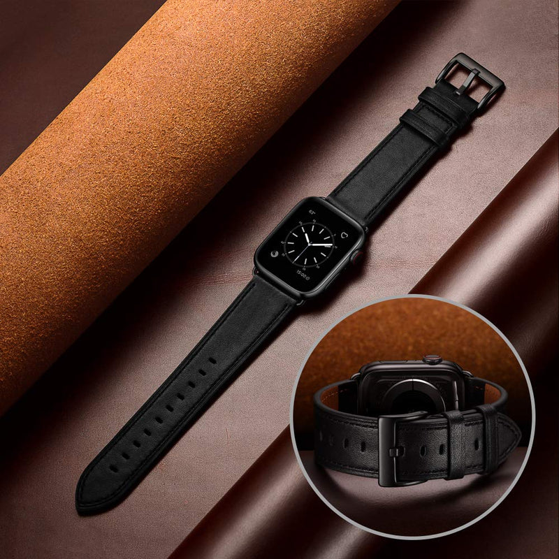 OUHENG Compatible with Apple Watch Band 40mm 38mm, Genuine Leather Band Replacement Strap Compatible with Apple Watch Series 6/5/4/3/2/1/SE, Black Band with Black Adapter Black/Black 38mm/40mm - LeoForward Australia