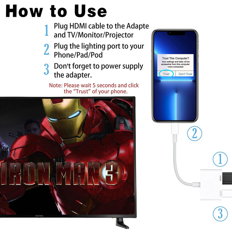  [AUSTRALIA] - [Apple MFi Certified] Lightning to HDMI Adapter for TV/Projector/Monitor/iPhone/iPad, iPhone HDMI Adapter to TV 1080P Screen Converter, Compatible for iOS Devices