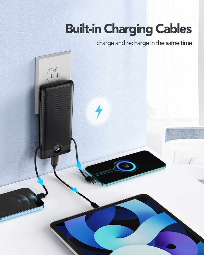  [AUSTRALIA] - Portable Charger with Built in Cable and AC Wall Plug, PD&QC 20W Fast Charging Ultra Slim USB C Power Bank with Built in Cables, VEEKTOMX External Battery Pack Compatible with All Smart Devices Black