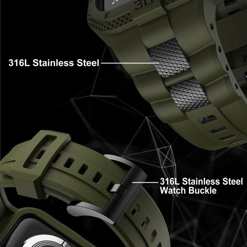  [AUSTRALIA] - GELISHI Compatible for Apple Watch Band 44mm 42mm with Bumper Case, Men Rugged Bands with Stainless Metal Pieces for Watch Series 6 5 4 3 2 1 SE, Military Protective Band Case Shockproof, Army Green Army Gren 44mm/42mm
