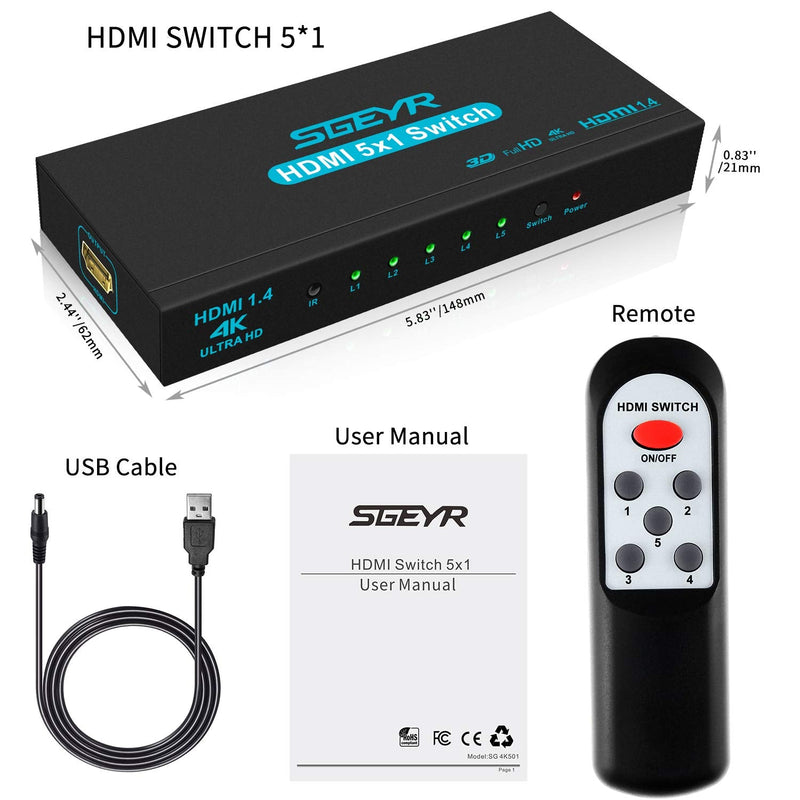  [AUSTRALIA] - HDMI Switch SGEYR 5x1 HDMI Switcher 5 in 1 Out HDMI Switch Selector 5 Port Box with IR Remote Control HDMI 1.4 HDCP 1.4 Support 4K@30Hz Ultra HD 3D 2160P 1080P