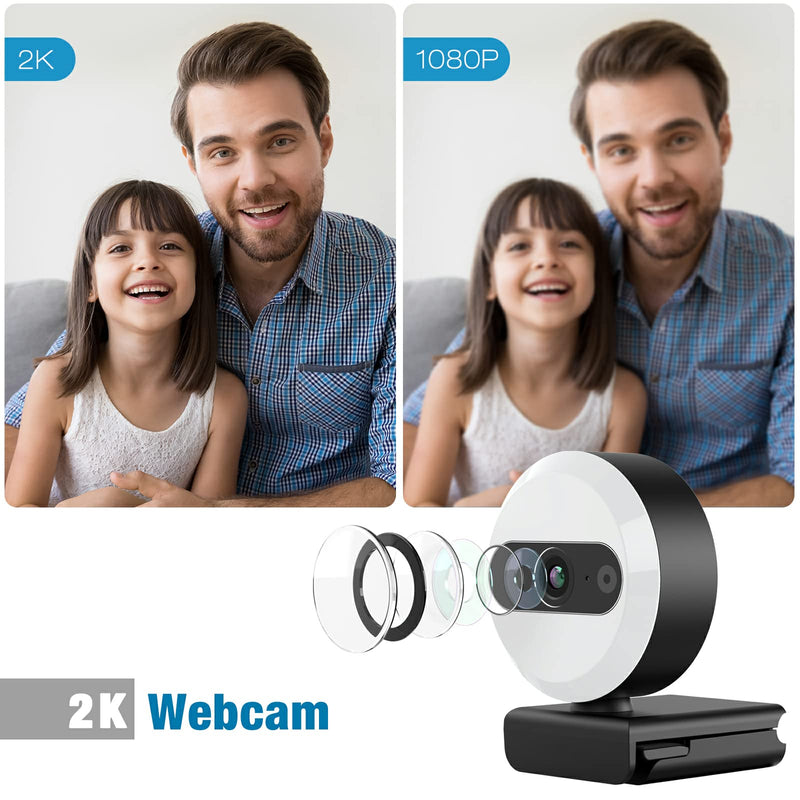  [AUSTRALIA] - 2K Webcam with Microphone, HD USB PC Camera Webcam with Ring Light & Privacy Cover,Plug & Play Streaming Computer Webcam with Tripod Stand for PC Video Conferencing Zoom Meeting Skype Desktop White