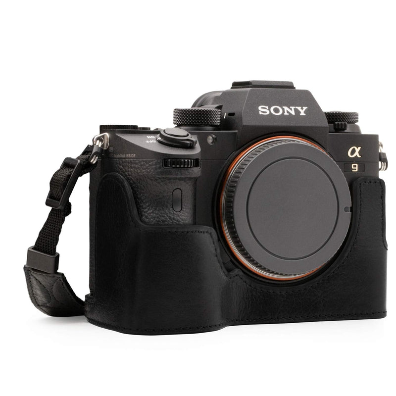  [AUSTRALIA] - MegaGear Ever Ready Genuine Leather Camera Half Case Compatible with Sony Alpha A7 III, A7R III, A9 Black