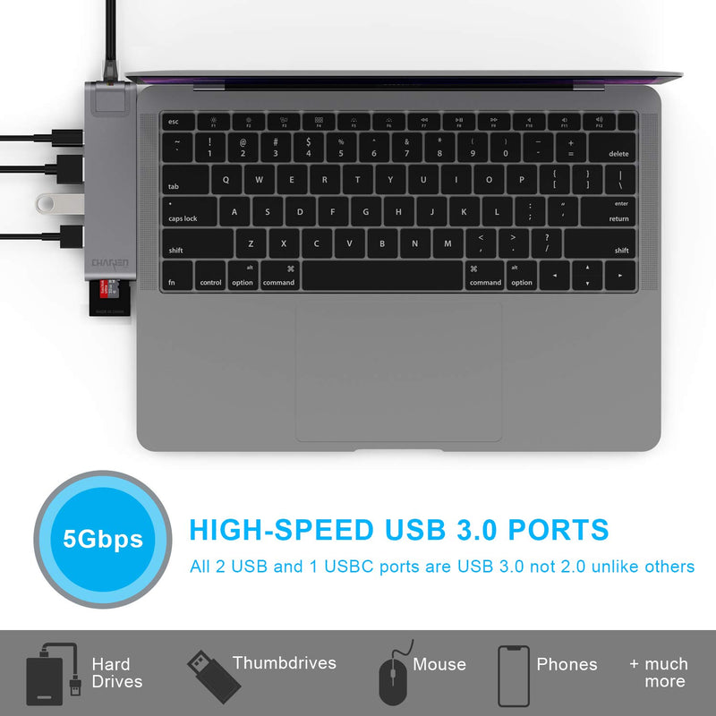 CharJenPro USB C Hub for MacBook Pro 2020, 2019, 2018- 2016 (M1) MacBook Air 2020, 2019, 2018, 100W Power, HDMI 4K, 2 USB 3.0, microSD, SD Card Reader, USB C Port. USBC Adapter. MacBar E Space Gray - LeoForward Australia
