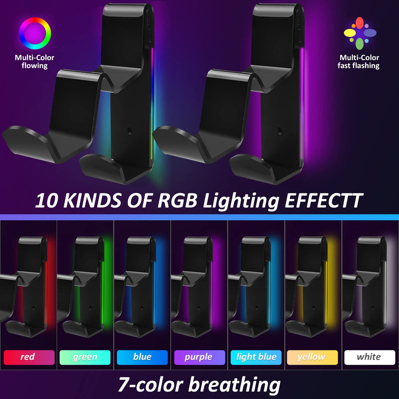  [AUSTRALIA] - RGB Dual Game Controller Charger & Headphone Holder with 10 Light Modes and 2 USB Charging Port, Wall Mount Stand Charger for Xbox PS5 PS4 Switch, for All Universal Gamepad & Headsets