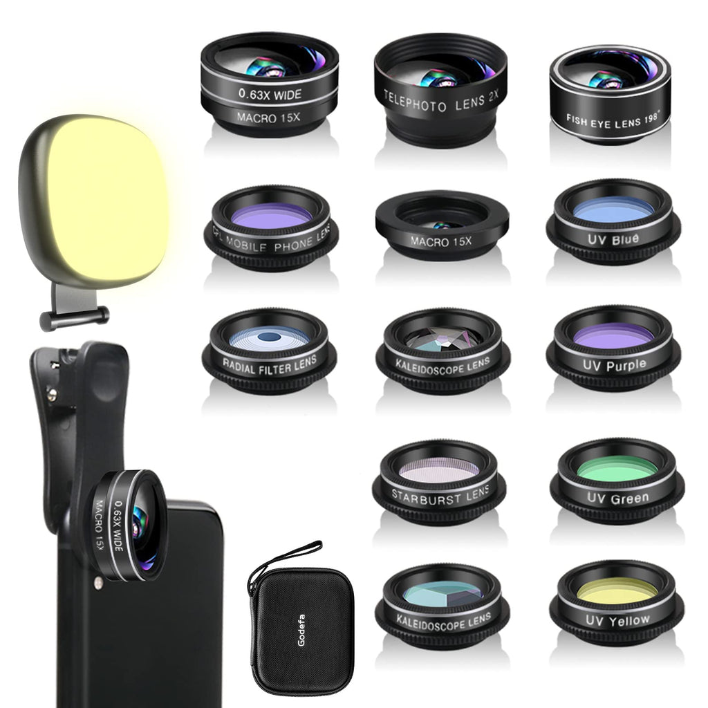  [AUSTRALIA] - Godefa Phone Camera Lens Kit, 14 in 1 Lenses with Selfie Light for iPhone 14 13 12 11 Xs X Pro Samsung and Other Andriod Smartphone, Universal Clip on Wide Angle+Macro+ Fisheye Camera Lenses