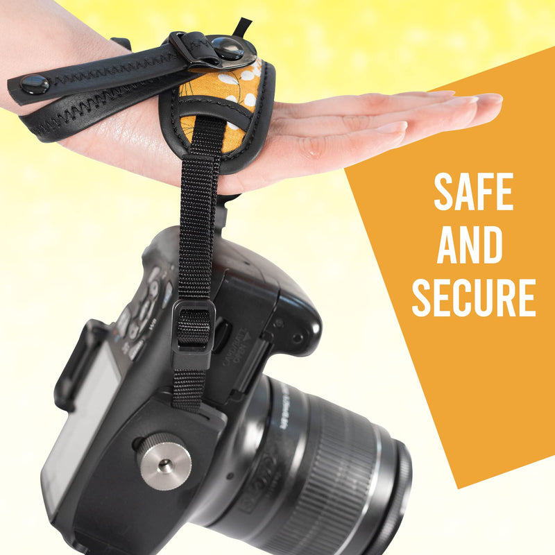  [AUSTRALIA] - Camera Wrist Hand Strap Yellow, Padded Secure Grip for Photographers, Compatible with Mirrorless and DSLR Cameras, Padded Wrist Strap, Adjustable to All Hand Size, Easy to Install