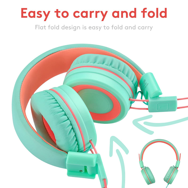  [AUSTRALIA] - Nilogie A21 Kids Headphones for School/PC/Cellphone/Airplane Travel with 3.5mm Jack Children Boys Girls Foldable Wired On-Ear Headset (Mint Coral) Mint Coral