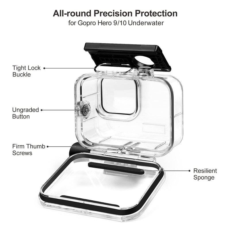  [AUSTRALIA] - 60M Waterproof Case for GoPro Hero 10/9, 196FT Underwater Protective Housing Case for Hero 10/9 Black, with Quick Release Mount and Thumbscrew