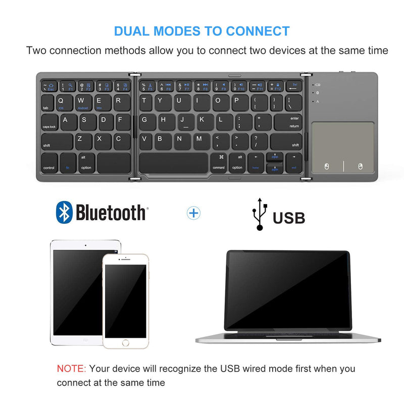  [AUSTRALIA] - VssoPlor Foldable Keyboard with Touchpad - Rechargeable Bluetooth/USB Wired, Ultra Slim and Lightweight with Silent Keys, Travel Mini Folding Keyboard for iOS Android Mac Windows, Gray