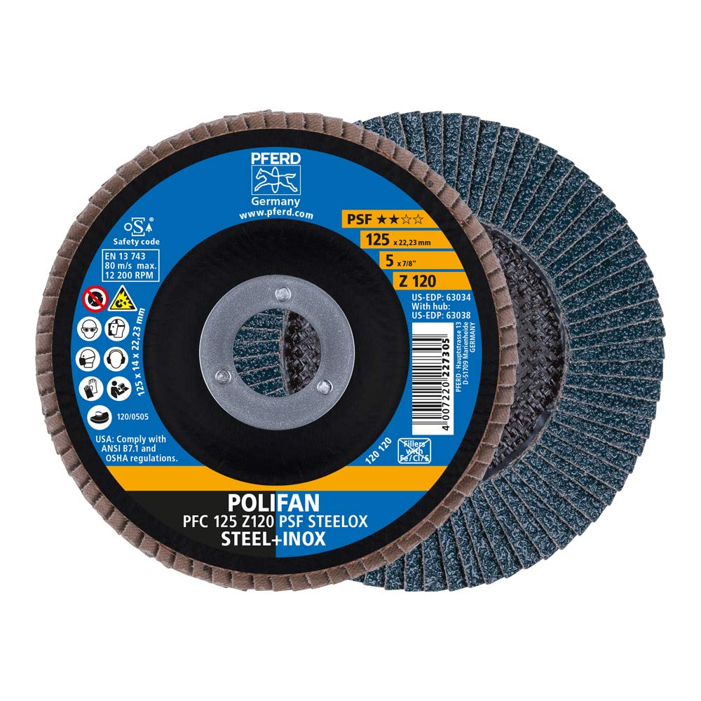  [AUSTRALIA] - PFERD serrated washer POLIFAN 5 pieces | Ø 125 mm, Z 120, conical, PSF STEELOX | 69398195 – for steel and stainless steel (INOX) zirconia 120