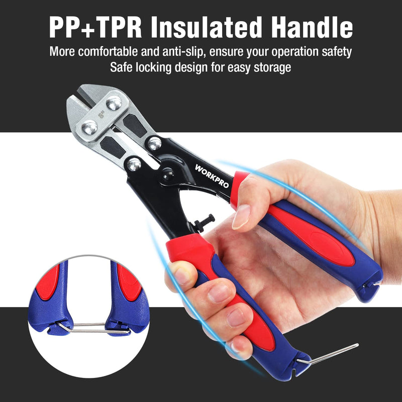  [AUSTRALIA] - WORKPRO Mini Bolt Cutter 8-inch/210mm, CR-MO Small Bolt Cutter, Heavy Duty Wire Cable Cutter, Spring Snips Clippers with Soft Anti-Slip Handle