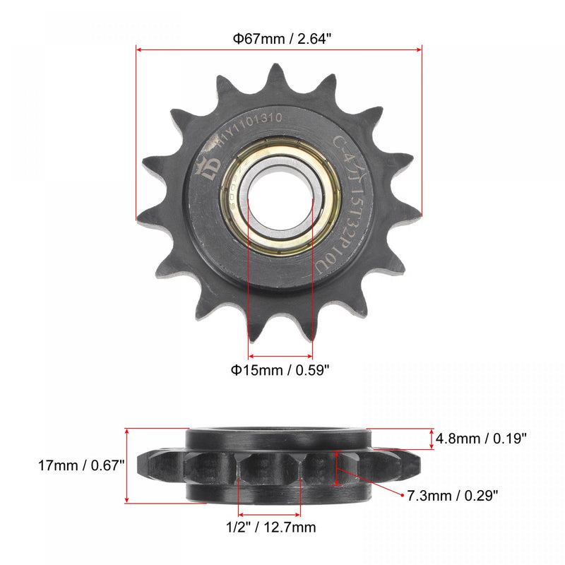  [AUSTRALIA] - uxcell #40 Chain Idler Sprocket, 15mm Bore 1/2" Pitch 15 Tooth Tensioner, Black Oxide Finish C45 Carbon Steel with Insert Single Bearing for ISO 08B Chains 67mm