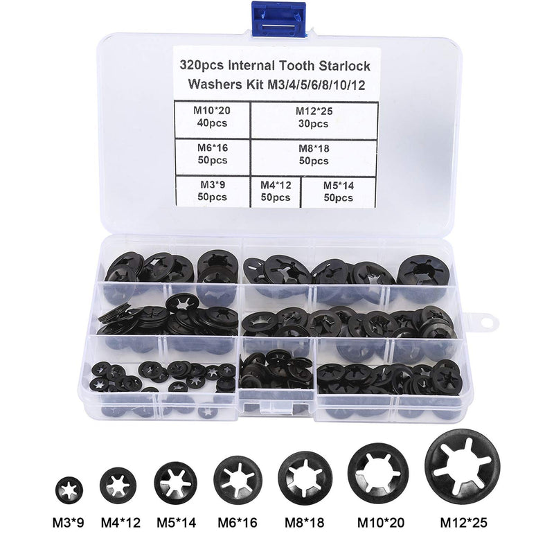  [AUSTRALIA] - HanTof 7 Sizes 320PCS Internal Tooth Starlock Washers,Quick Speed Locking Washers, Push On Retainers Clips,Push On Nut Fasteners Assortment Kit for Shaft and Stud,65Mn Spring Steel,Black Oxide Finish