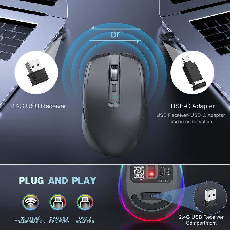  [AUSTRALIA] - Rechargeable Wireless Mouse, 2.4G RGB 4 Adjustable DPI (Max 3600) Quiet Ergonomic Mouse with 6 Buttons for PC, Computer, Laptop, ChromeBook,Tablet, Compact Cordless Mice, USB and USB-C Adapter (Black) Black