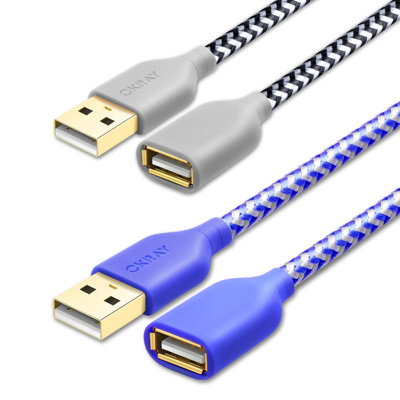 [AUSTRALIA] - USB Extender, OKRAY 2 Pack 6 Feet Nylon Braided USB 2.0 Extension Cable Data Transfer Extender Cord Type A Male to A Female Cable for USB Keyboard/Flash Drive/Hard Drive/Game Controller (White Blue) White Blue
