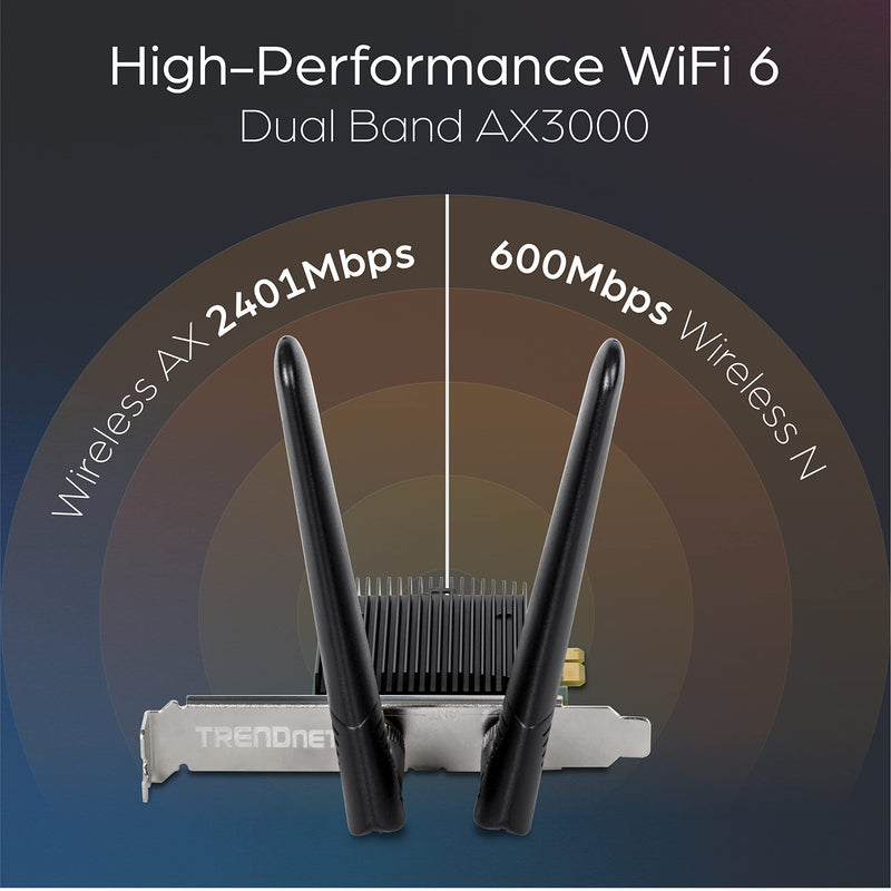  [AUSTRALIA] - TRENDnet AX3000 Wireless Dual Band & WiFi 6 PCIe Adapter, Bluetooth 5.2 Class 2, 2401 Mbps Wireless AX, 600 Mbps Wireless N Bands, Windows 10, Supports Up to WPA3 WiFi Connectivity, Black, TEW-907ECH