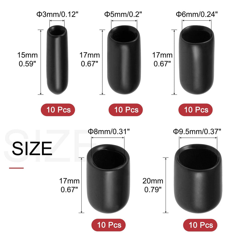  [AUSTRALIA] - uxcell 50pcs Round Rubber End Caps 1/8" 3/16" 1/4" 5/16" 3/8" Black Vinyl Cover Screw Thread Protectors Assortment Kit(3mm 5mm 6mm 8mm 9.5mm)