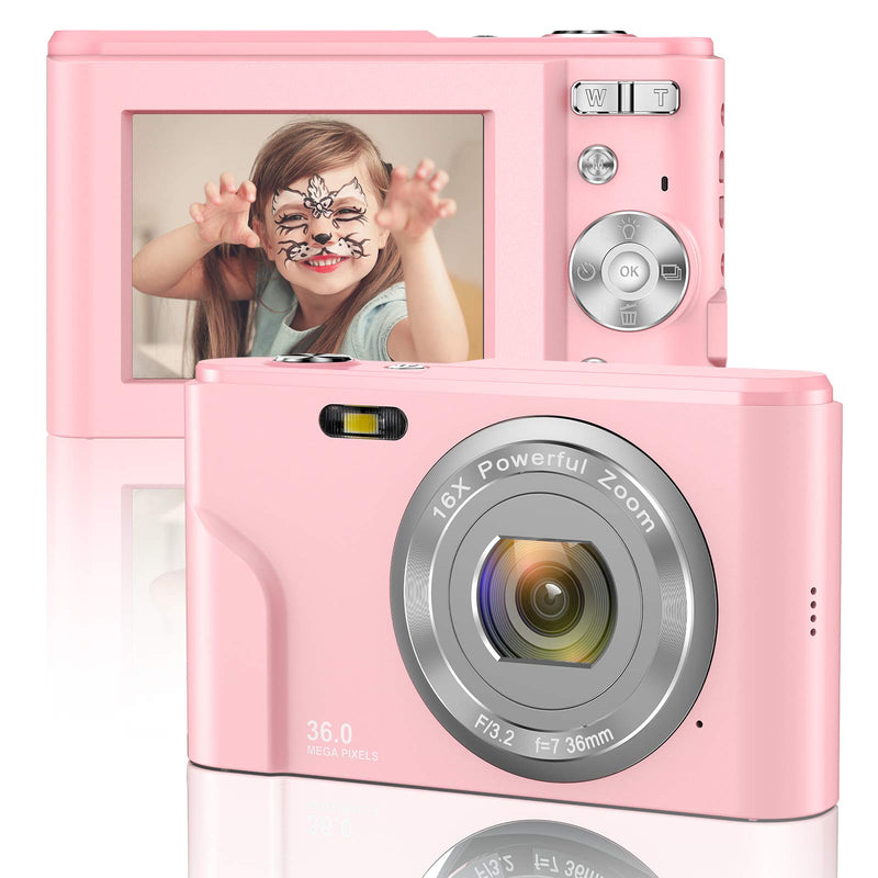  [AUSTRALIA] - Digital Camera 1080P FHD Mini Video Camera 36MP LCD Screen Rechargeable Students Compact Camera Pocket Camera with 16X Digital Zoom YouTube Vlogging Camera for Kids,Adult,Beginners(Pink) 1080P-Pink