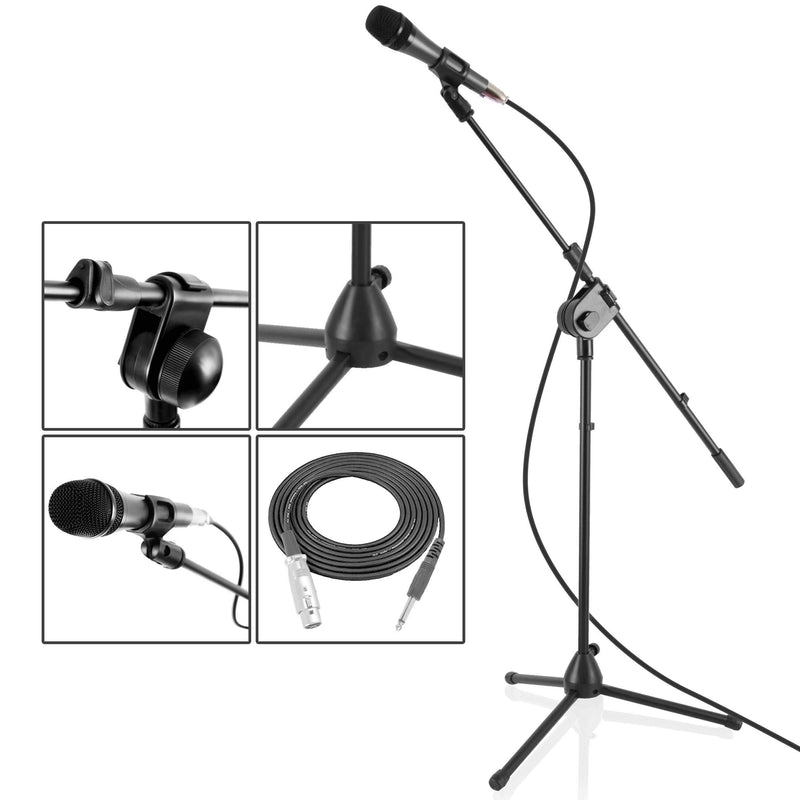  [AUSTRALIA] - PYLE Dynamic Microphone and Tripod Stand Arm Mic Length 7.48'' Inch & Amazon Basics 1/4 Inch Tweed Cloth Jacket Right-Angle Instrument Cable - 10 Foot (Black & Gray)