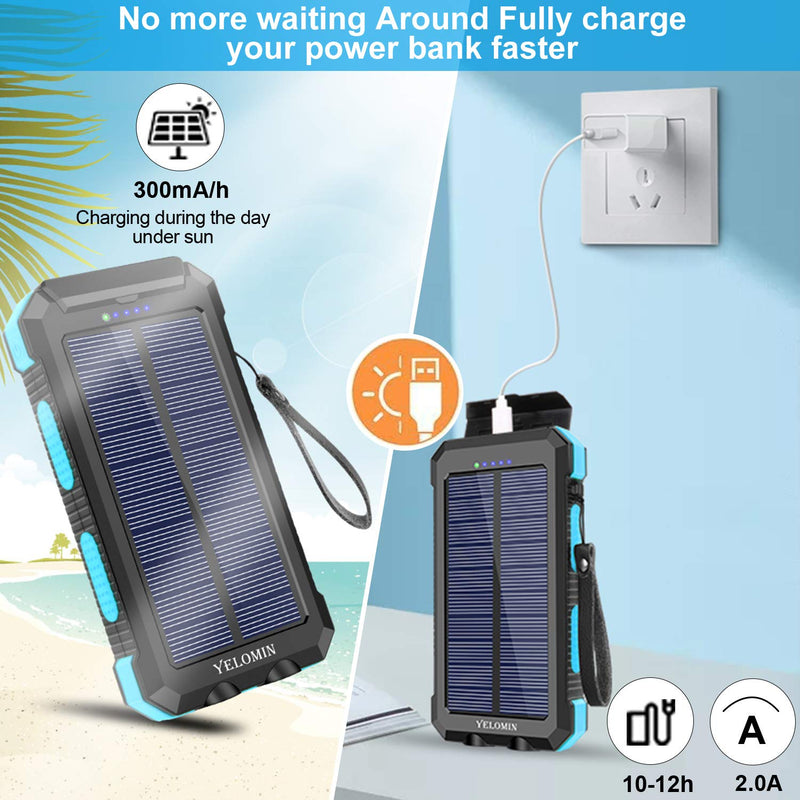 Solar Charger 30000mAh,YELOMIN Portable Outdoor Solar Power Bank with Type-C Input Port Dual Flashlights & USB Outputs External Backup Battery Pack for Cellphones,Tablets and More(Blue) Blue - LeoForward Australia