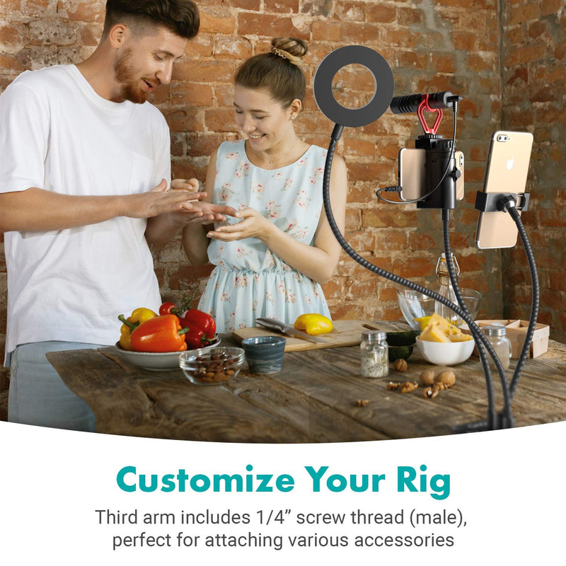  [AUSTRALIA] - Movo VGC-3 Selfie Ring Light Stand with Cell Phone Holder and Third Flexible Arm with a 1/4" Mount for Microphones - for TIK Tok, YouTube, Live Stream, Tutorial, Vlog - Compatible with iPhone/Android