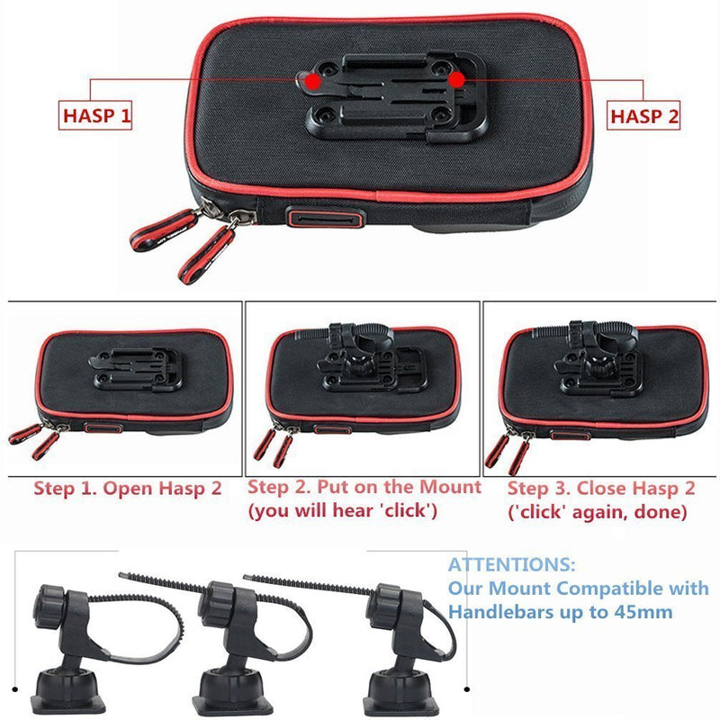  [AUSTRALIA] - Bike Handlebar Bag, MOOZO Universal Waterproof Cell Phone Pouch Bicycle & Motorcycle Handlebar Phone Mount Holder Cradle with 360 Rotate for iPhone XS MAX XR X 8 7 6S Plus Samsung Smartphone up to 6'' Black & Red