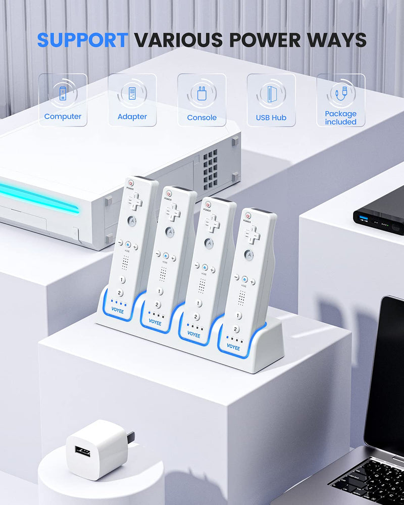  [AUSTRALIA] - VOYEE Charging Station for Wii Remote Controller, with 4 Rechargeable 2800 mAh Battery Packs & USB Cable, 4-in-1 Controller Charger Compatible with Nintendo Wii/Wii U Controller - White