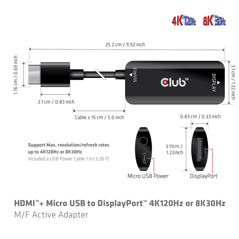  [AUSTRALIA] - Club 3D 4K 120Hz or 8k30Hz HDMI to DisplayPort Video Adapter w/USB Power - HDMI 2.1 (Male) to DP 1.4 (Female) Active Monitor Converter (CAC-1335)