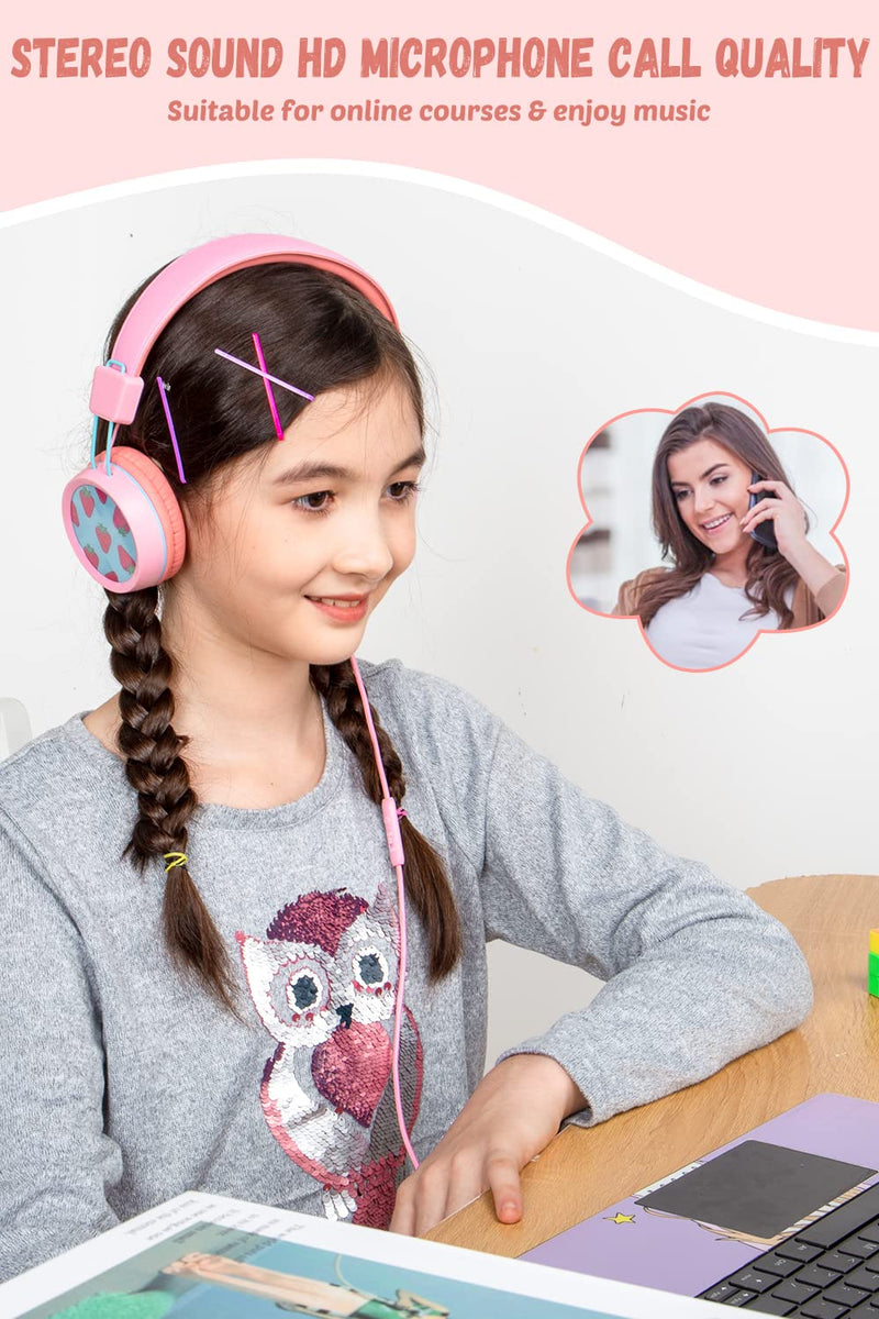  [AUSTRALIA] - Kids Headphones for School with Microphone New bee KH20 HD Stereo Safe Volume Limited 85dB/94dB Foldable Lightweight On-Ear Headphone for PC/Mac/Android/Kindle/Tablet/Pad (Pink) Pink