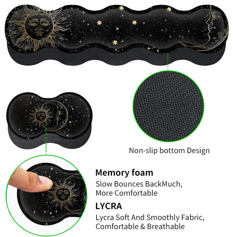  [AUSTRALIA] - Extended Large Mouse Pad+Keyboard Wrist Rest Support , Ergonomic Memory Foam Wrist Rest Easy Typing, 4Pcs Desk Pad Set for Home Office, Sun Moon Star Pattern XXL Gaming Black Desk Mat JV-mouse pad-8-35