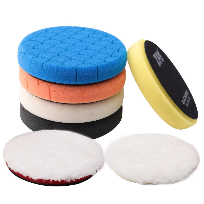  [AUSTRALIA] - ZFE Buffing Polishing Pads, 7Pc 6.5 Inch Face for 6Inch 150mm Backing Plate Compound Buffing Sponge Pads Cutting Polishing Pad Kit for Car Buffer Polisher Compounding, Polishing and Waxing -PPTYS6SET 7Pcs 6Inch Waffle Polishing Pad 6 Inch (150mm)