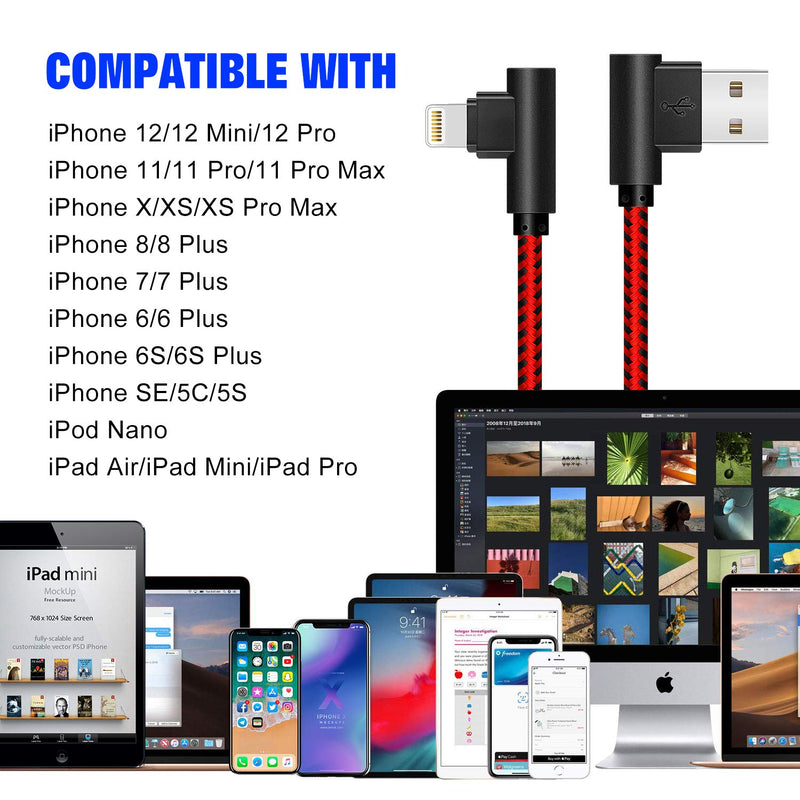  [AUSTRALIA] - [3-Pack] 6FT/2M iPhone Gaming Charger Cable 90 Degree Elbow Game Video Watching Compatible with iPhone Xs Max/XS/XR/7/7Plus/X/8/8Plus/6S/6S Plus/SE (Black Red, 6FT) Black Red