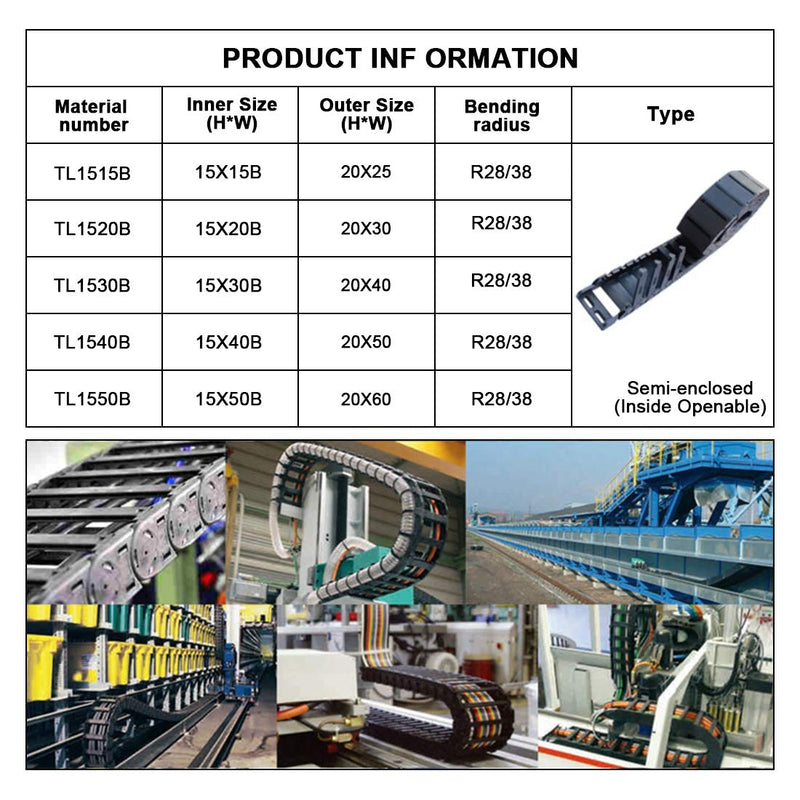  [AUSTRALIA] - LMioEtool R28/38 15mm x 30mm(Inner H x Inner W) Black Plastic Cable Wire Carrier Drag Chain 1M Length for CNC, with End Connectors - Semi Enclosed Type (Inner Side openable) 15*30B