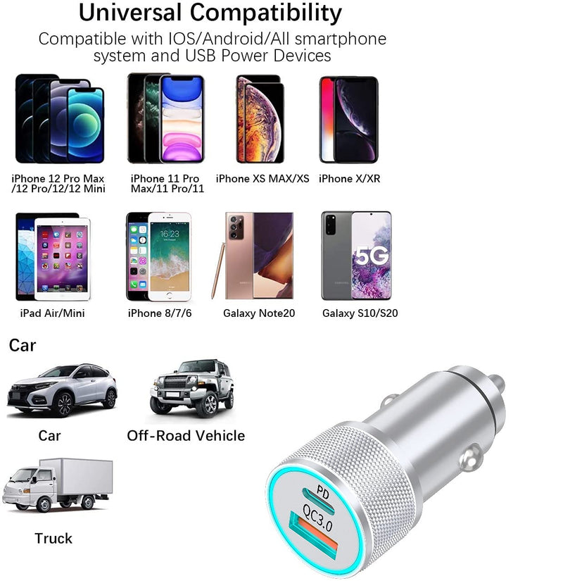  [AUSTRALIA] - [Apple MFi Certified] iPhone 38W Fast Car Charger, esbeecables Dual Port USB C Power Delivery All Metal Mini Cigarette Lighter PD/QC3.0 Car Charger with 2 Pack Lightning Cord for iPhone/iPad/Airpods Titanium Silver