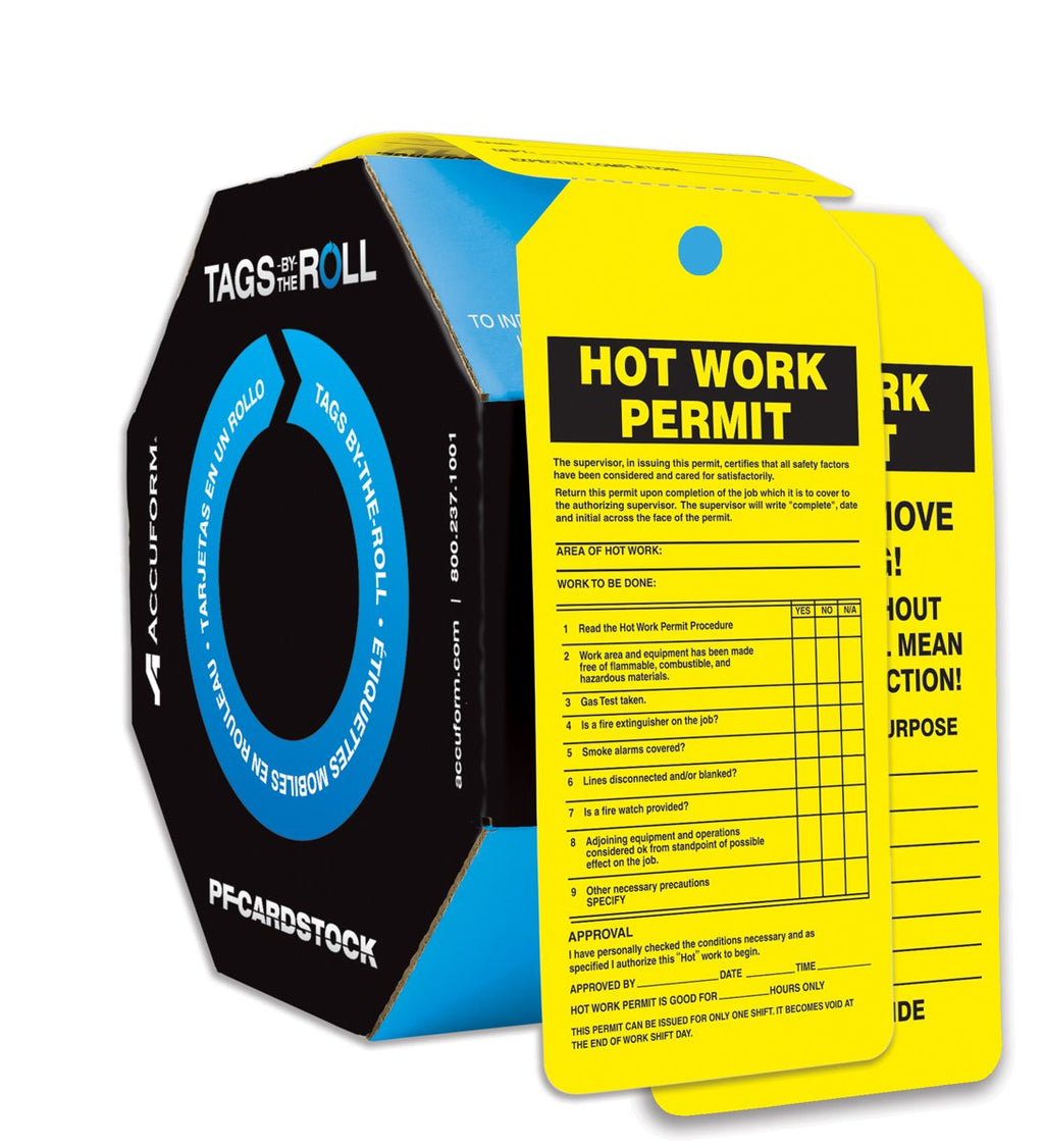  [AUSTRALIA] - Accuform TAR706 Tags by-The-Roll Inspection and Status Record Tags, Legend"HOT Work Permit", 6.25" Length x 3" Width x 0.010" Thickness, PF-Cardstock, Black on Yellow (Pack of 100)