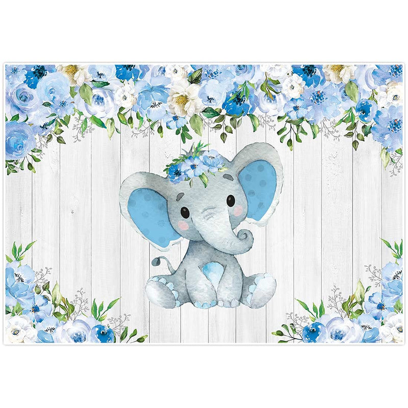  [AUSTRALIA] - Allenjoy 7x5ft Rustic White Wood Elephant Backdrop Supplies for Baby Shower Blue Floral It's a Girl Newborn Kids Birthday Party Decorations Studio Cake Smash Candy Dessert Photography Banners Props